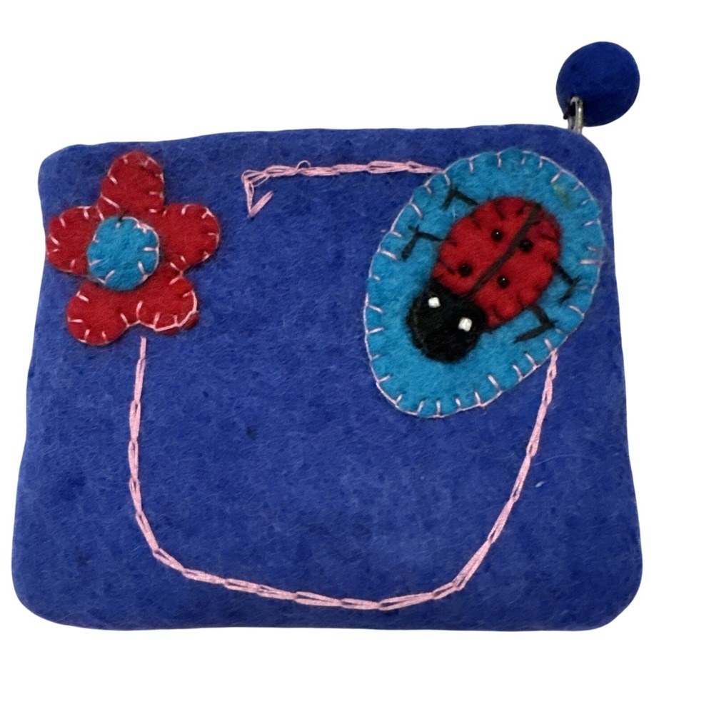 Handmade Nepal Felted Wool Coin Purse Ladybug Design Fair Trade Zipper Pouch
